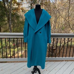 Vintage 80s Union Label Hooded Worthington Turquoise Wool Dress Coat